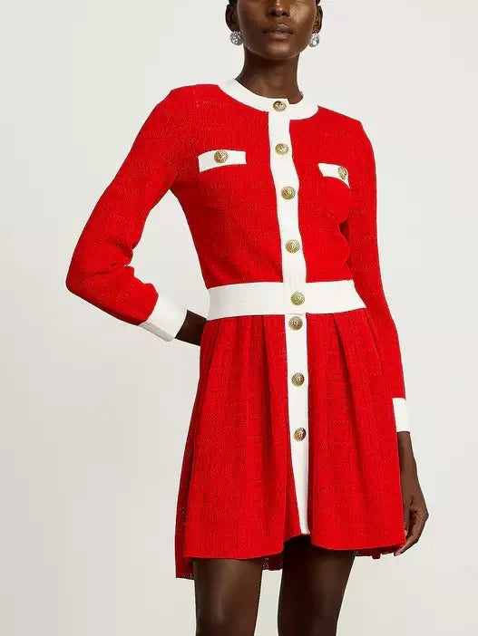 Color-Contrast Knit Cardigan and Mini Dress Set - Suits & Sets