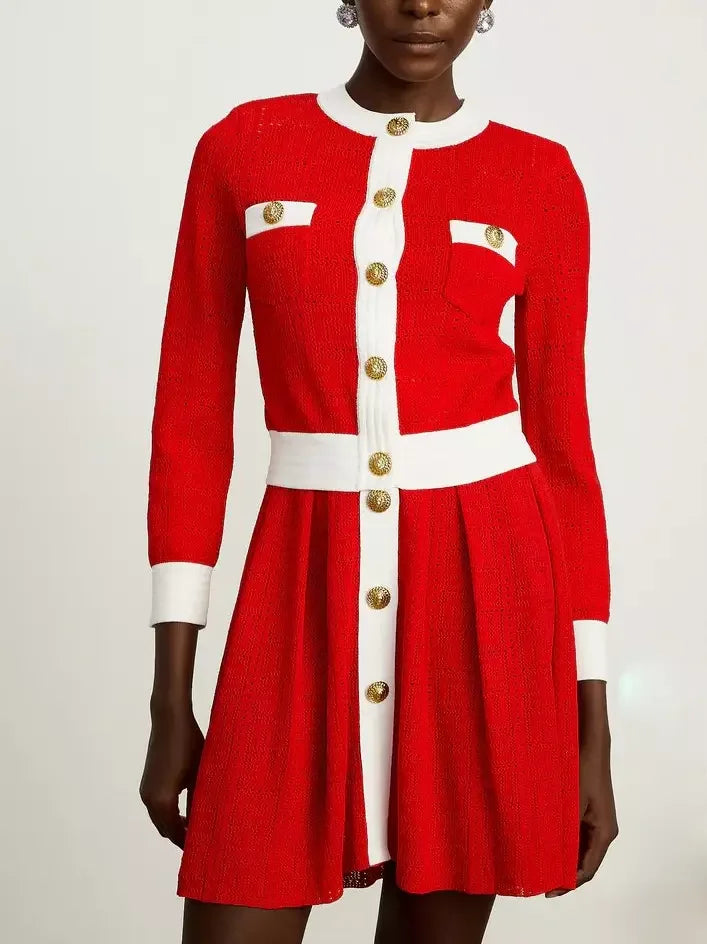 Color-Contrast Knit Cardigan and Mini Dress Set - Suits & Sets