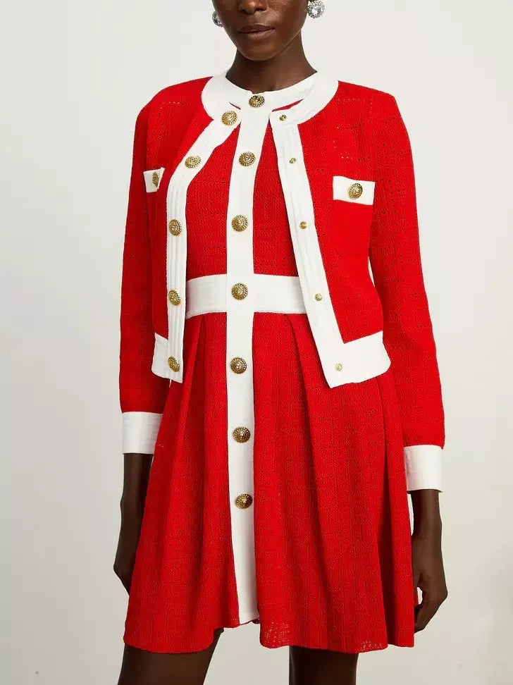 Color-Contrast Knit Cardigan and Mini Dress Set - Suits & Sets