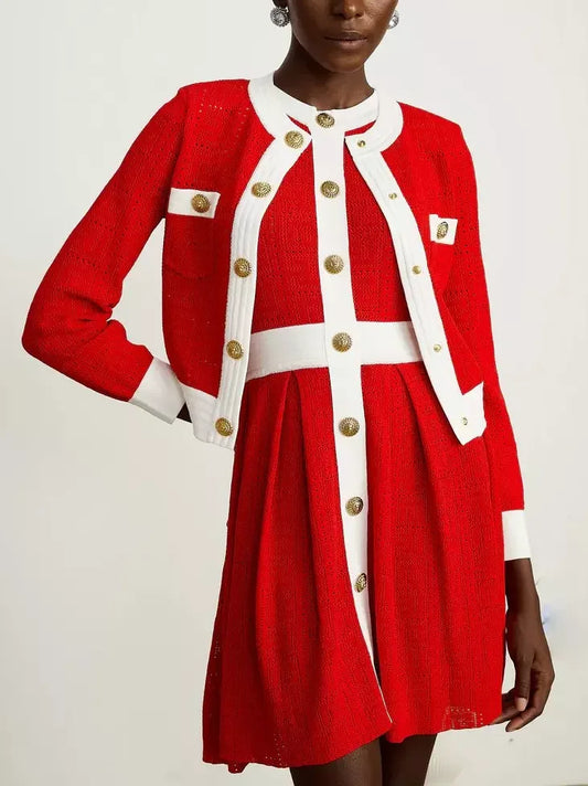 Color-Contrast Knit Cardigan and Mini Dress Set - Suits & Sets