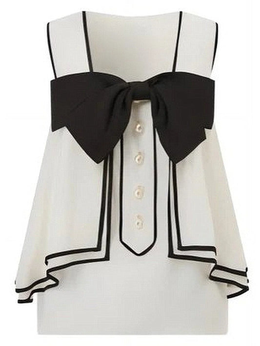 Color-Contrast Sleeveless Blouse with Pearl Buttons - Small - Tops