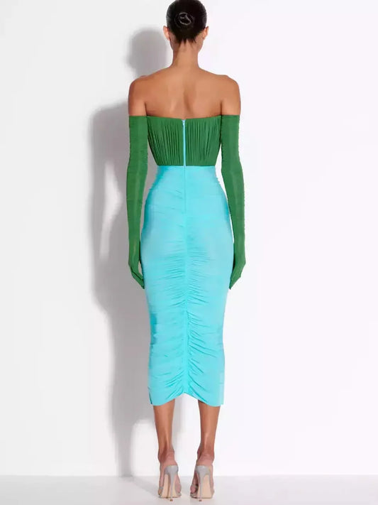 Color-Contrast Strapless Ruched Midi Dress with Long Gloves - Dresses