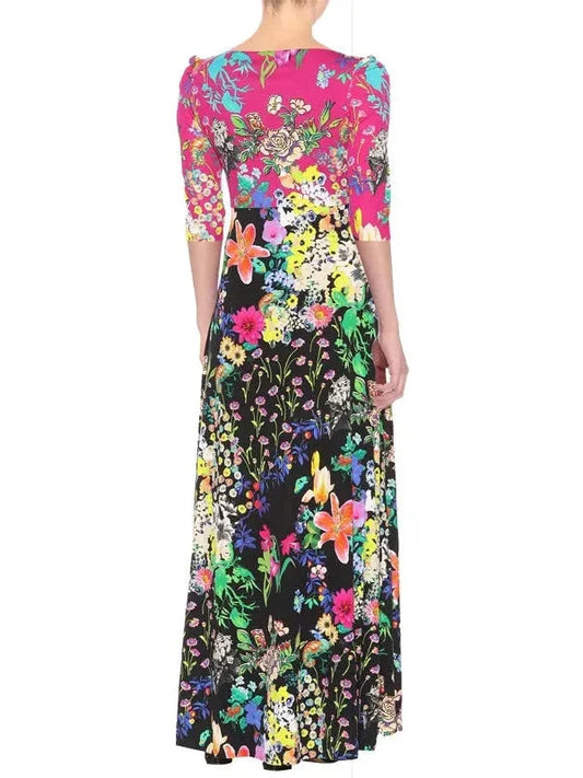 Color-Contrast V-Neck Floral Printed Maxi Dress - Dresses