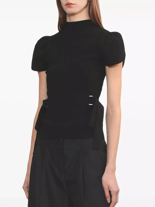Compact Knit Puff-Sleeve Buckled Top - Tops