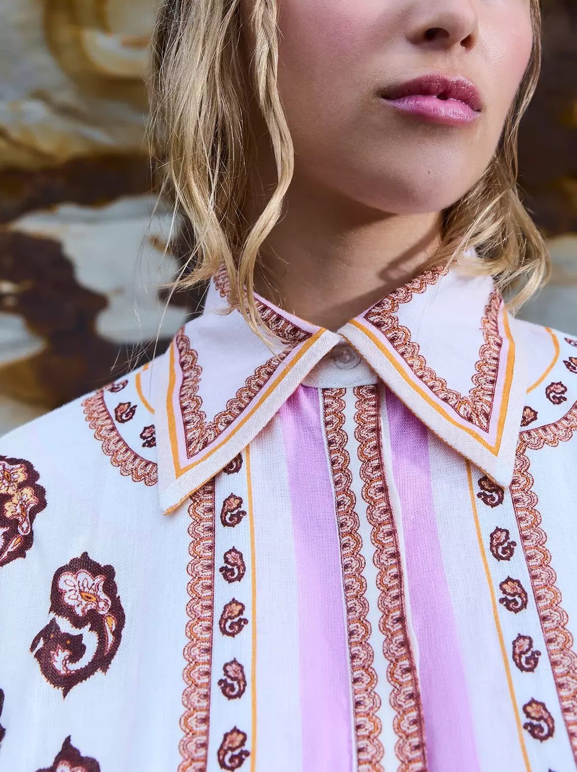 Patterned Concealed-Button Printed Linen Mini Shirt Dress with long sleeves