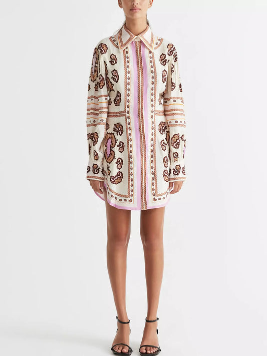 Patterned Concealed-Button Printed Linen Mini Shirt Dress with long sleeves