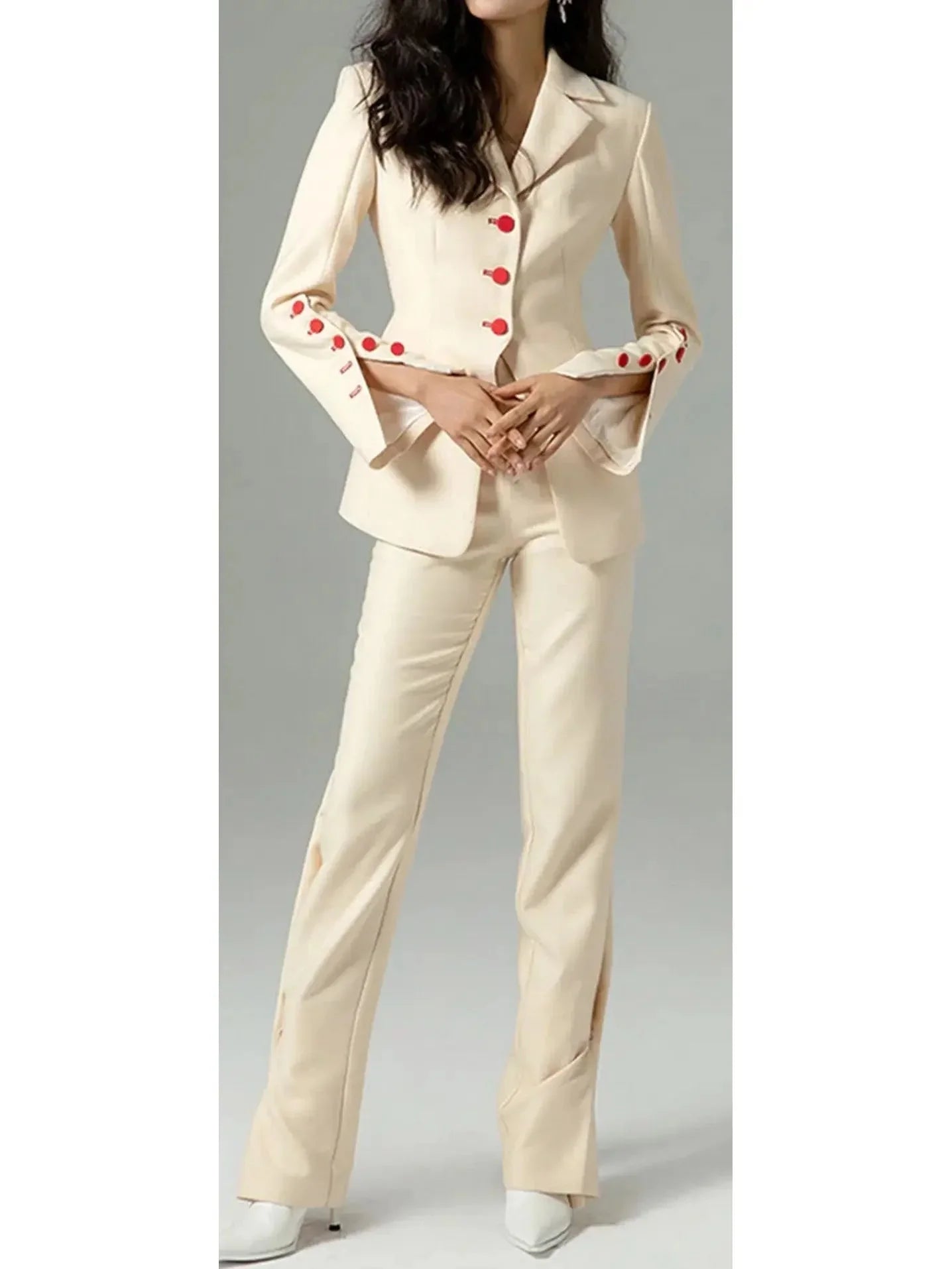 Contrast-Buttoned Jacket and Pant Suit - Suits & Sets