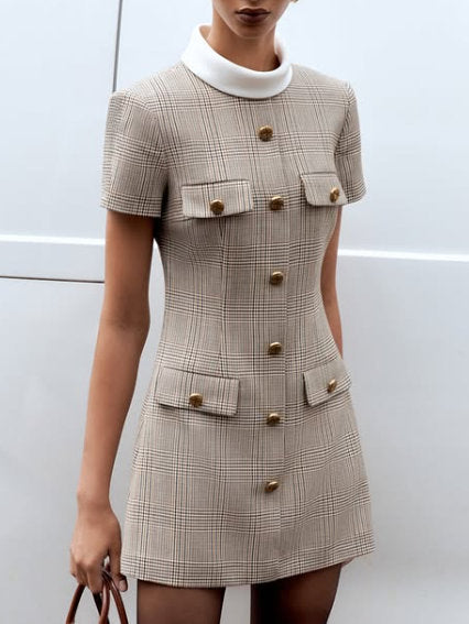Contrast-Collar Check Print Button-Down Mini Dress - Dresses