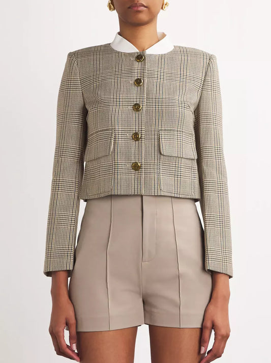 Contrast-Collar Cropped Check Button-Down Jacket - Jackets