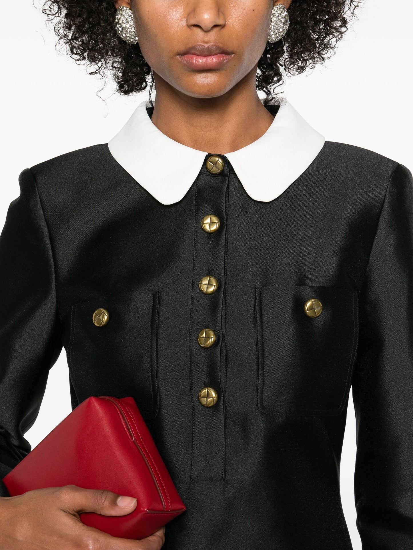 Black mini dress with white collar, Contrast-Collar Patch-Pocket Mini style