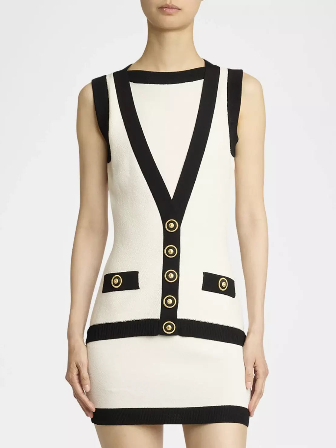 Cream and black Contrast-Trim Button-Detailed Knit Mini Dress with gold buttons
