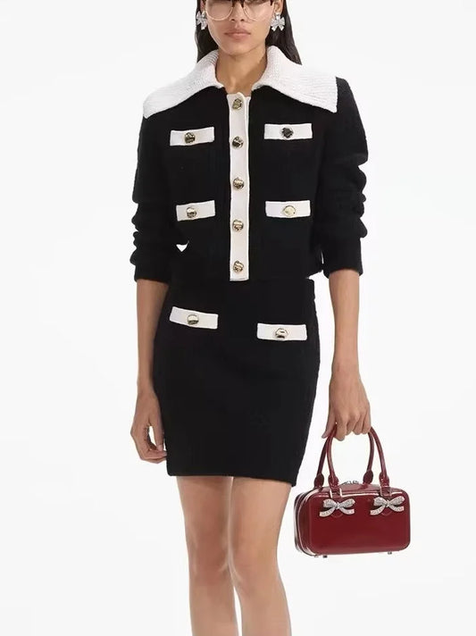 Contrast-Trim Knit Cardigan and Skirt Set - Suits & Sets