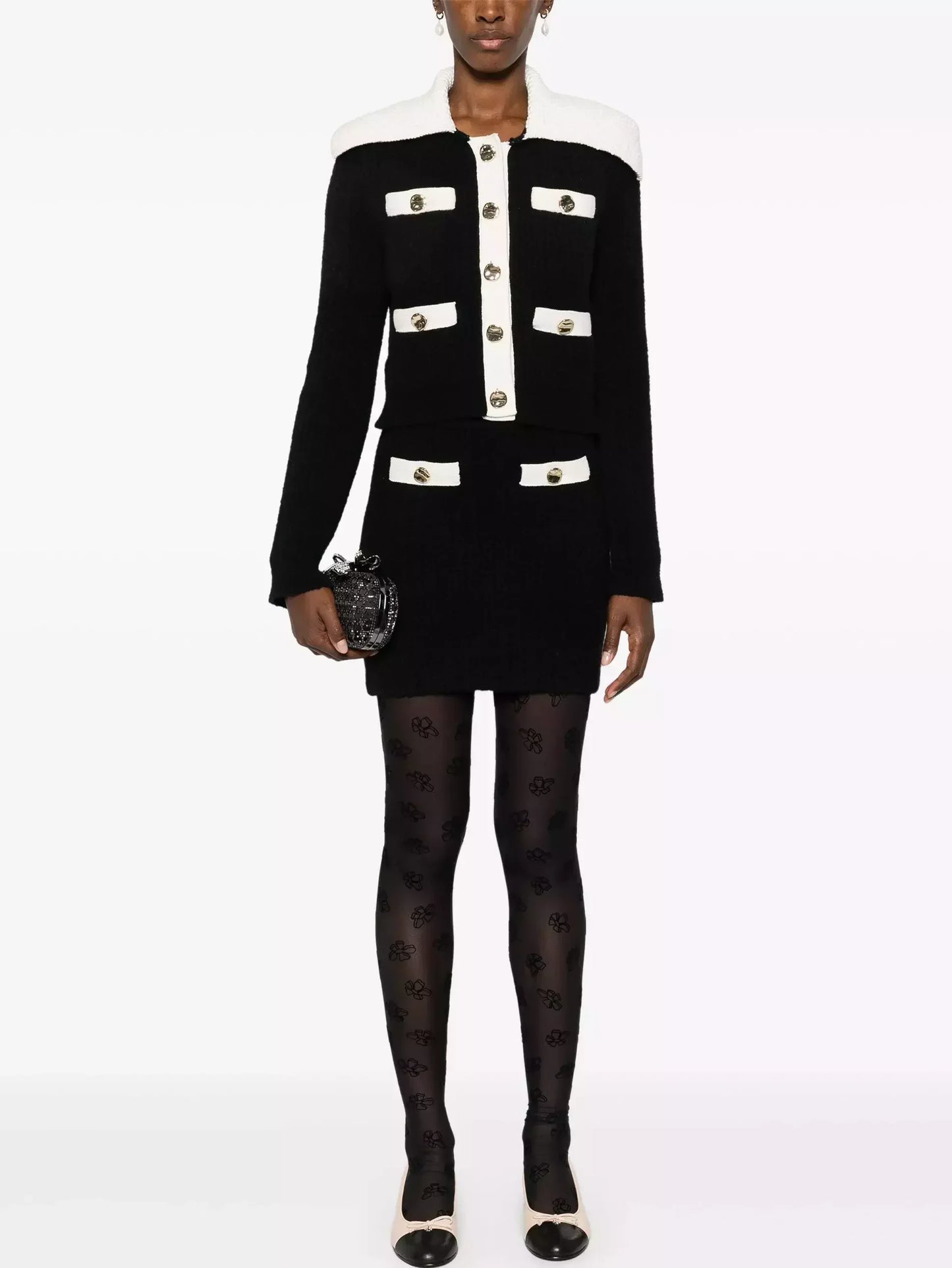 Contrast-Trim Knit Cardigan and Skirt Set - Suits & Sets