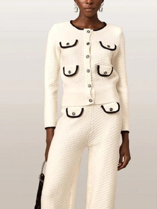 Contrast-Trim Textured Multi-Pocket Knit Cardigan and Pant Set - Suits & Sets