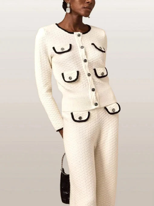 Contrast-Trim Textured Multi-Pocket Knit Cardigan and Pant Set - Suits & Sets