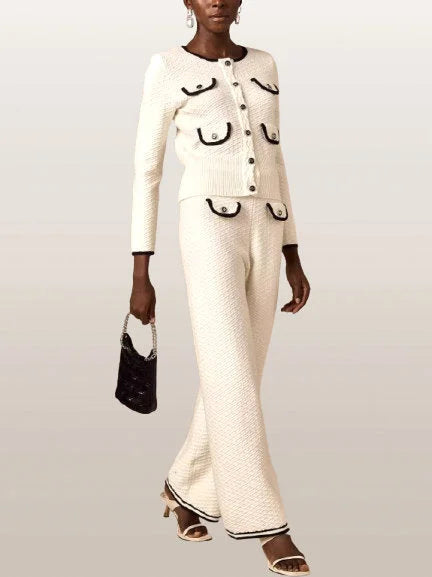 Contrast-Trim Textured Multi-Pocket Knit Cardigan and Pant Set - Suits & Sets