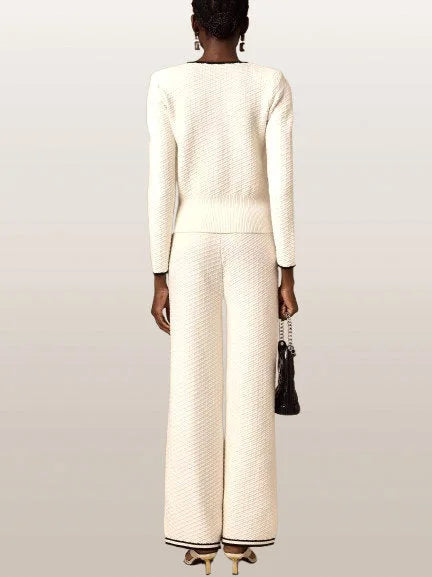 Contrast-Trim Textured Multi-Pocket Knit Cardigan and Pant Set - Suits & Sets