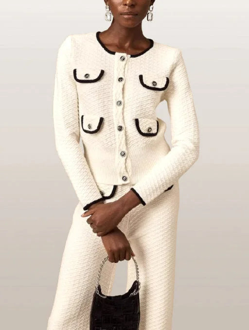 Contrast-Trim Textured Multi-Pocket Knit Cardigan and Pant Set - Suits & Sets