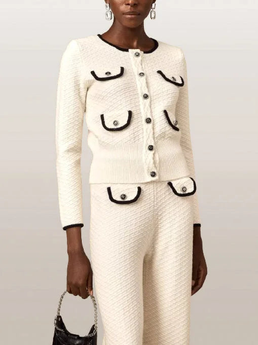 Contrast-Trim Textured Multi-Pocket Knit Cardigan and Pant Set - Suits & Sets