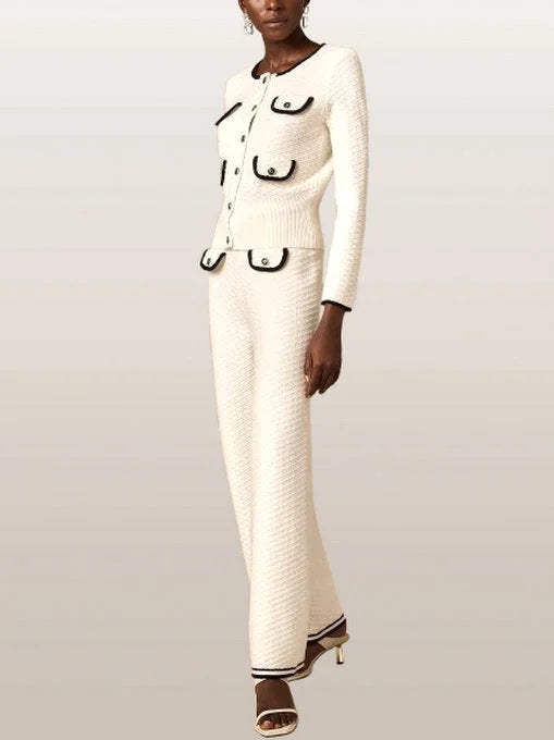 Contrast-Trim Textured Multi-Pocket Knit Cardigan and Pant Set - Suits & Sets