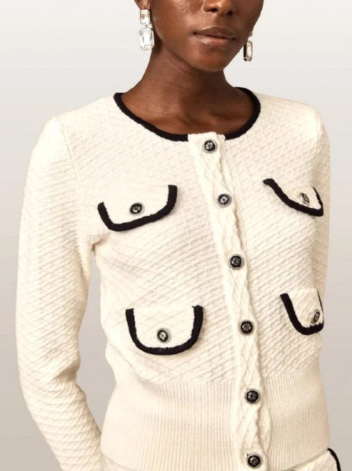 Contrast-Trim Textured Multi-Pocket Knit Cardigan and Pant Set - Suits & Sets