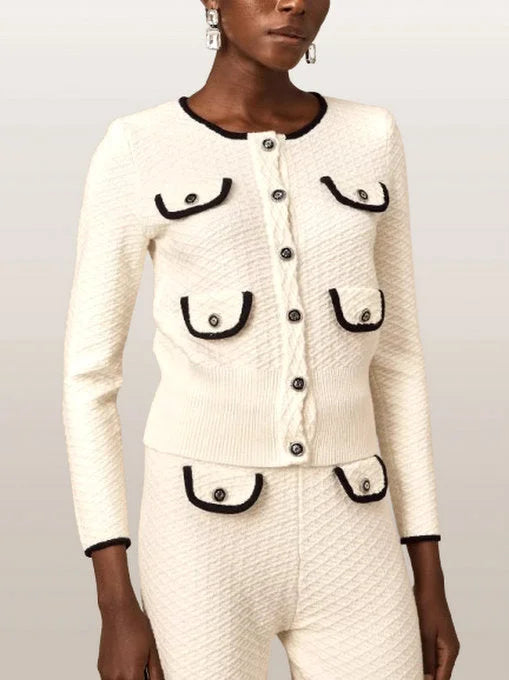 Contrast-Trim Textured Multi-Pocket Knit Cardigan and Pant Set - Suits & Sets