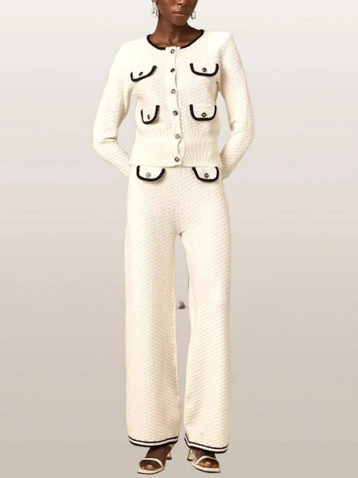 Contrast-Trim Textured Multi-Pocket Knit Cardigan and Pant Set - Suits & Sets