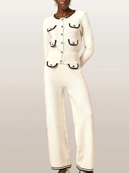 Contrast-Trim Textured Multi-Pocket Knit Cardigan and Pant Set - Small - Suits & Sets