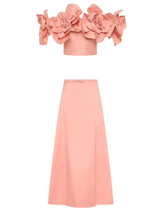Coral Floral-Appliques Off-Shoulder Top and Belted Slit Maxi Skirt Set - Suits & Sets