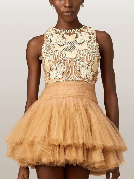 Corded Lace-Panel Tulle Mini Dress - Dresses