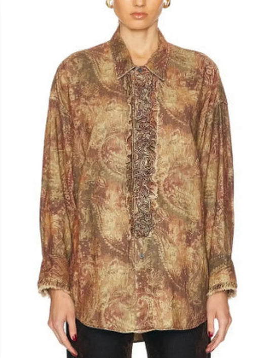 Corduroy Paisley Ruffle Oversize Vintage Shirt - Tops