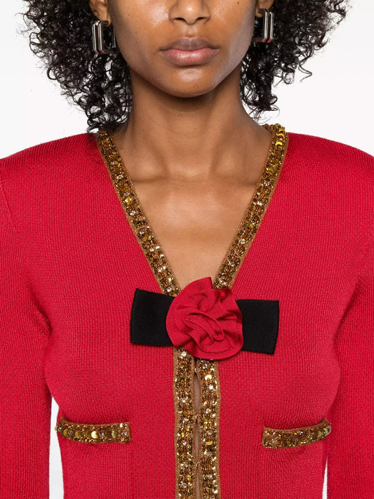 Corsage Knit Cardigan Jacket and Skirt Set in Red - Suits & Sets