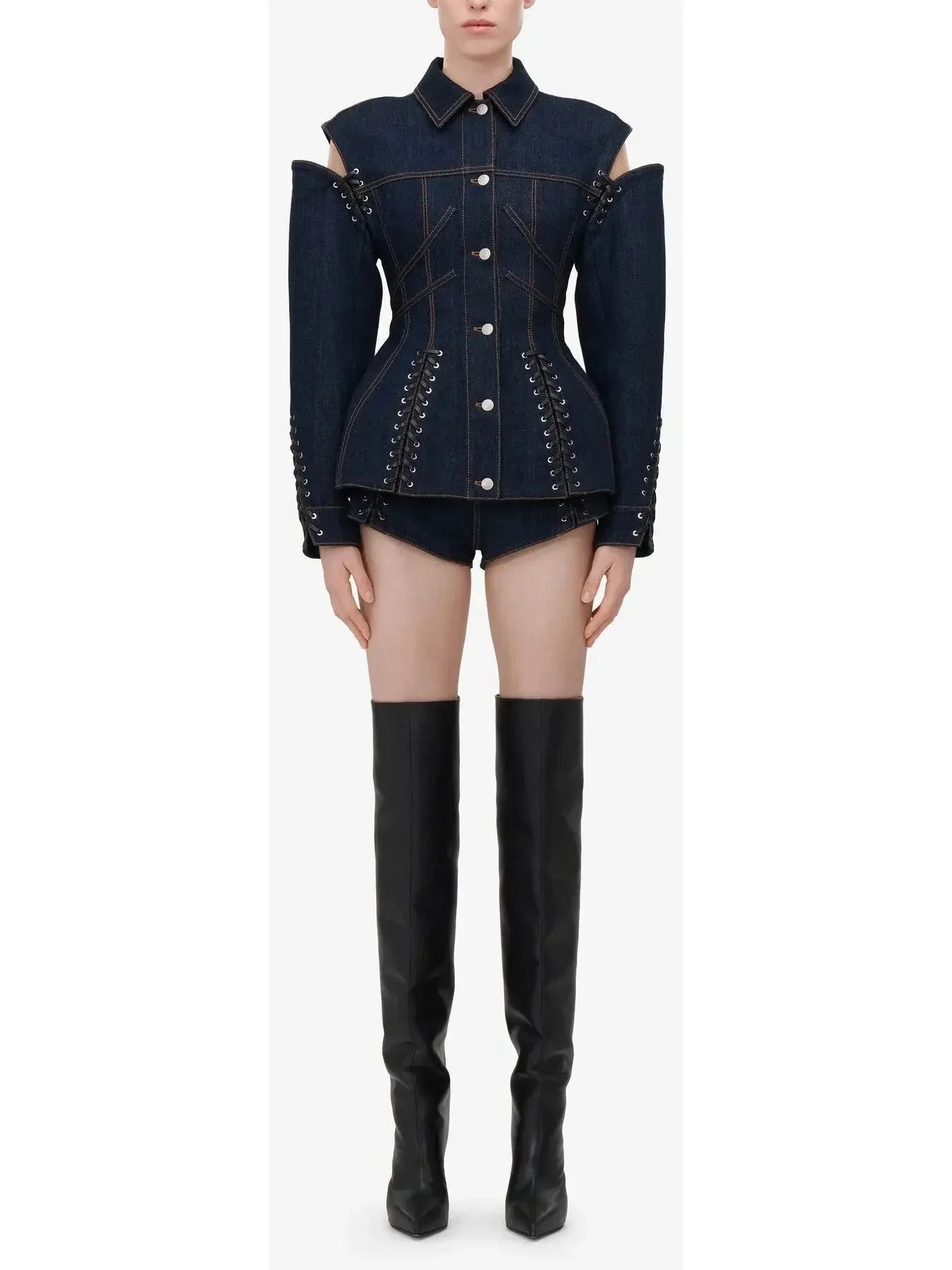Corset Style Open-Shoulder Denim Jacket with Lace-up Details - Jackets