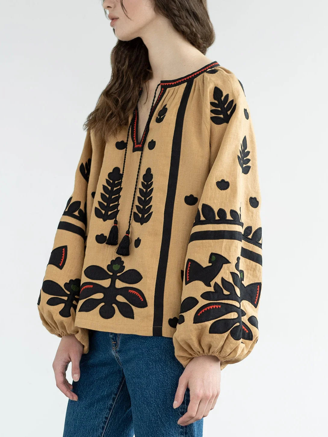 Cotton and Linen-Embroidered Blouse with Tie-Neck Collar - Tops