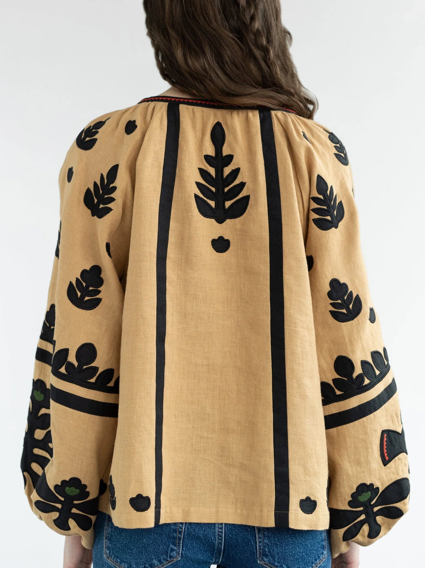 Cotton and Linen-Embroidered Blouse with Tie-Neck Collar - Tops