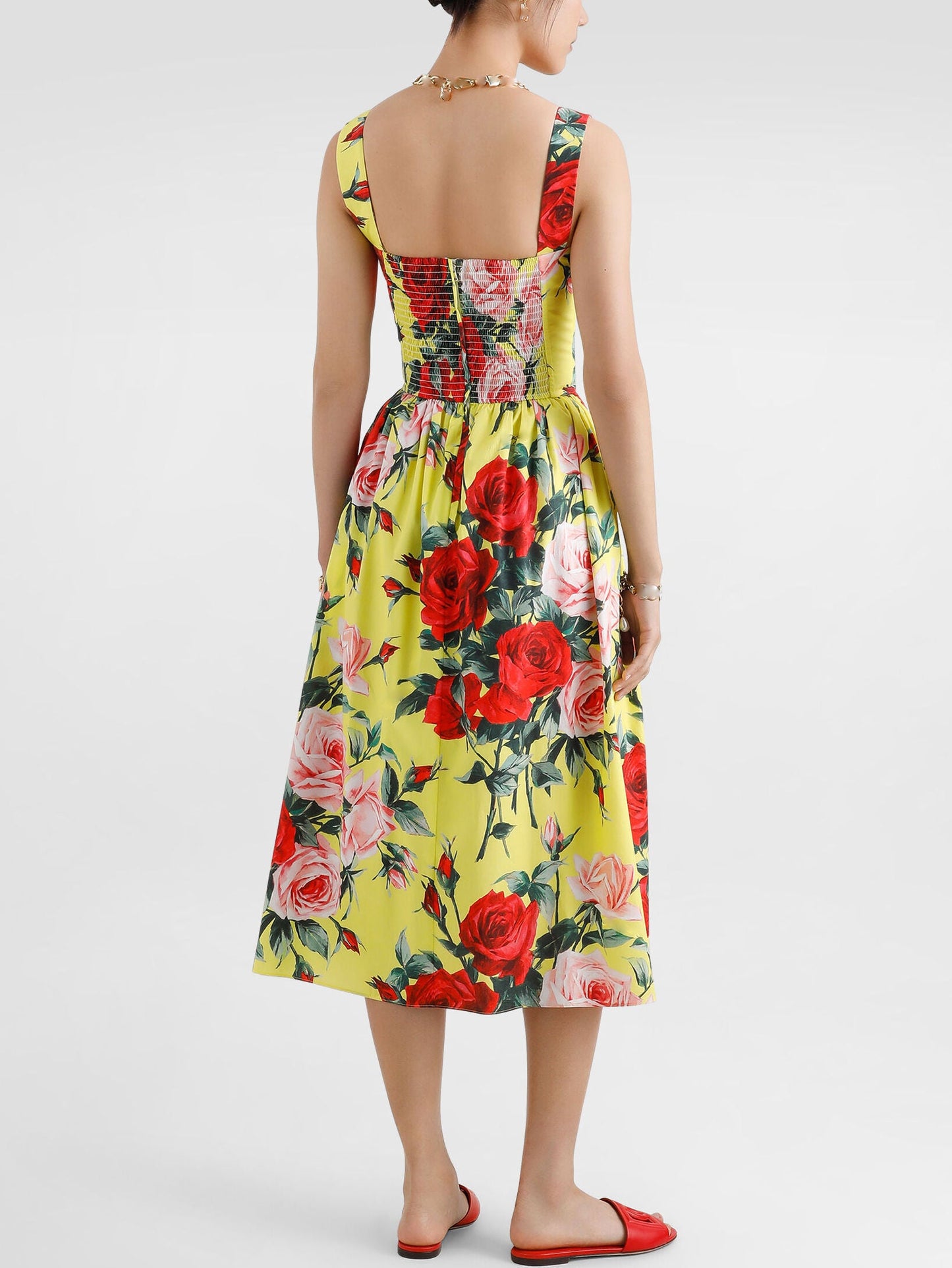 Cotton Multicolored Rose Print Summer Dress in Yellow with vibrant floral design