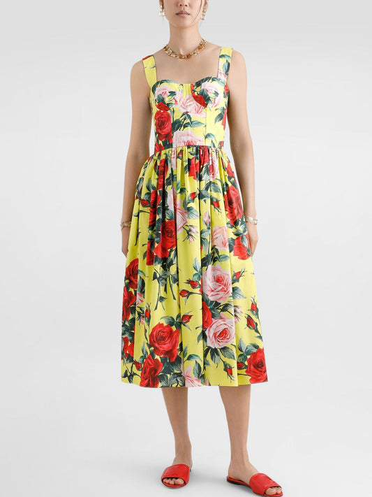 Cotton Multicolored Rose Print Summer Dress in Yellow with elegant floral design