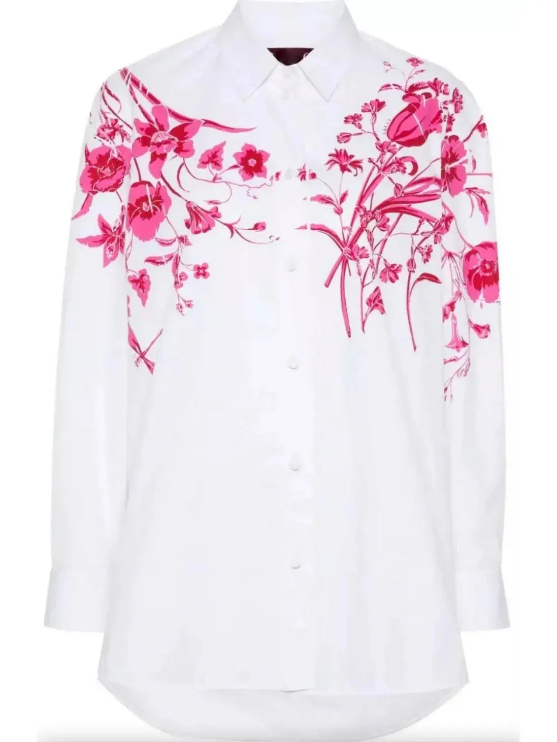Cotton Poplin Shirt in White with Red Floral Print - Tops
