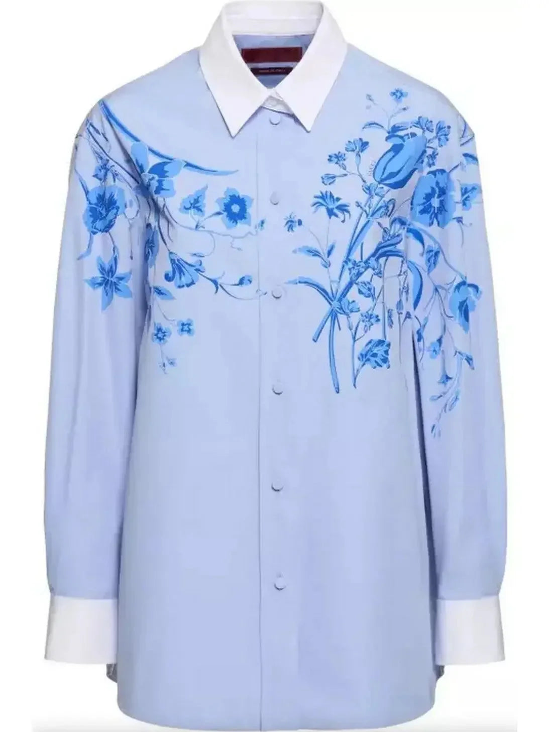 Cotton Poplin Shirt with Floral Print in Blue - Tops