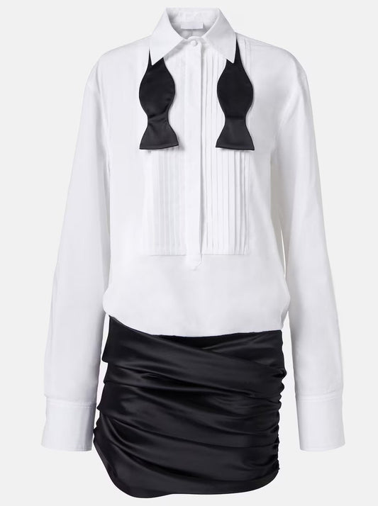 White Cotton Poplin Tuxedo and Stretch Satin Shirt Dress with black accents