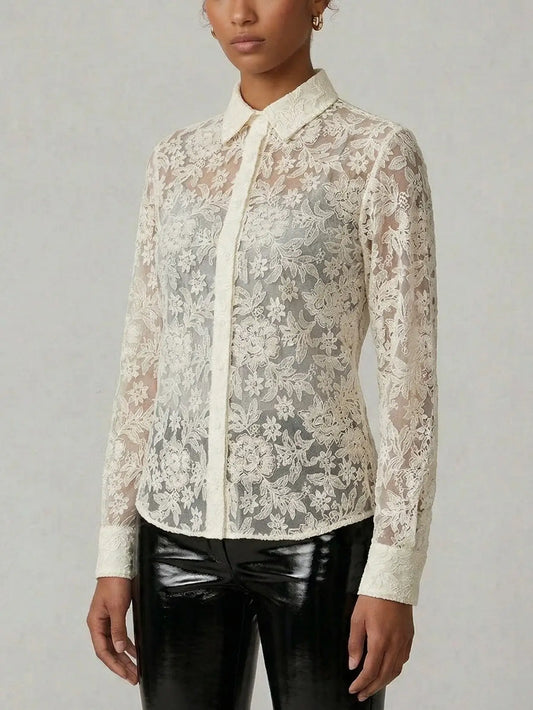 Cream Sheer Floral Lace Shirt with Silk Camisole - Tops