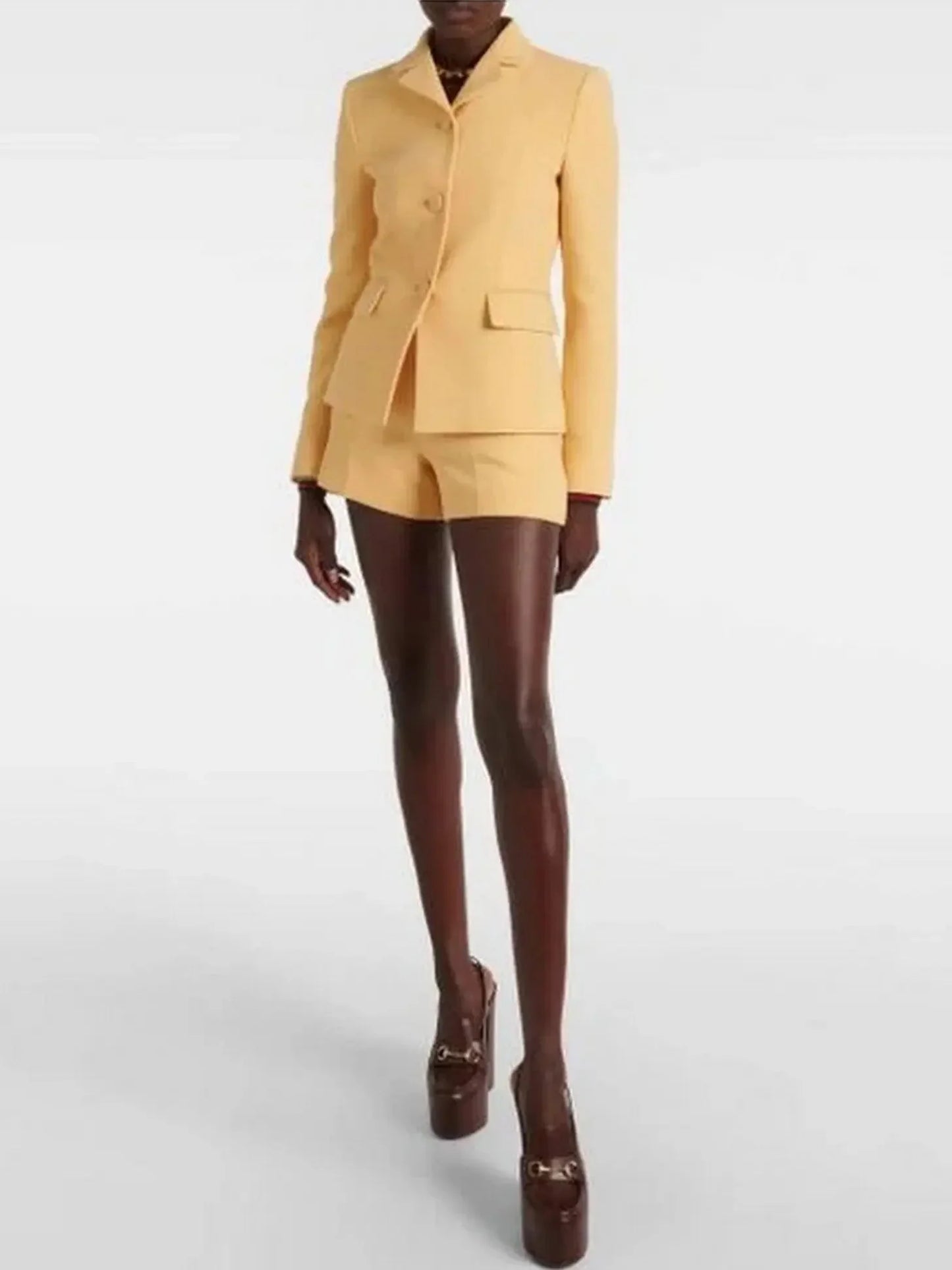 Crepe Single-Breasted Fitted Yellow Blazer - Jackets