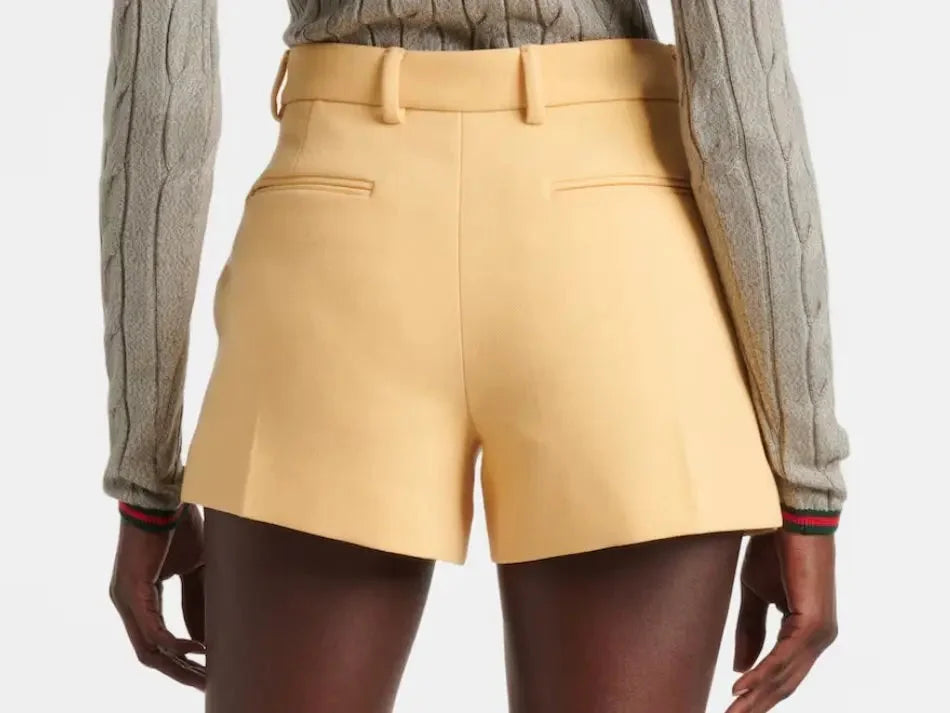 Crepe Structured Yellow Shorts with Belt Loops and Pockets - Jeans & Pants