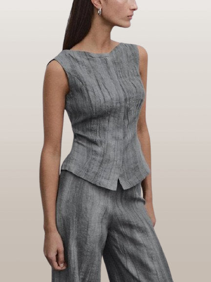 Crinkled-Effect Grey Linen Top and Pant Set - Suits & Sets