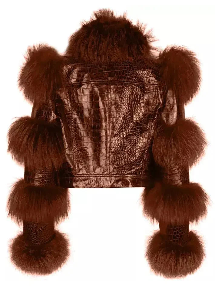 Croc Leather Effect Fur-Paneled Jacket - Jackets