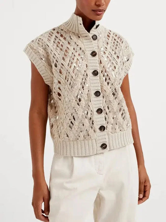 Crochet Cashmere Knit Sequin Vest - Sweaters & Knitwear
