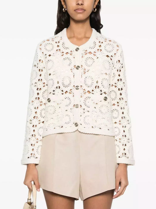 Crochet Cropped Cardigan with Gold Buttons showcasing a stylish button-up design