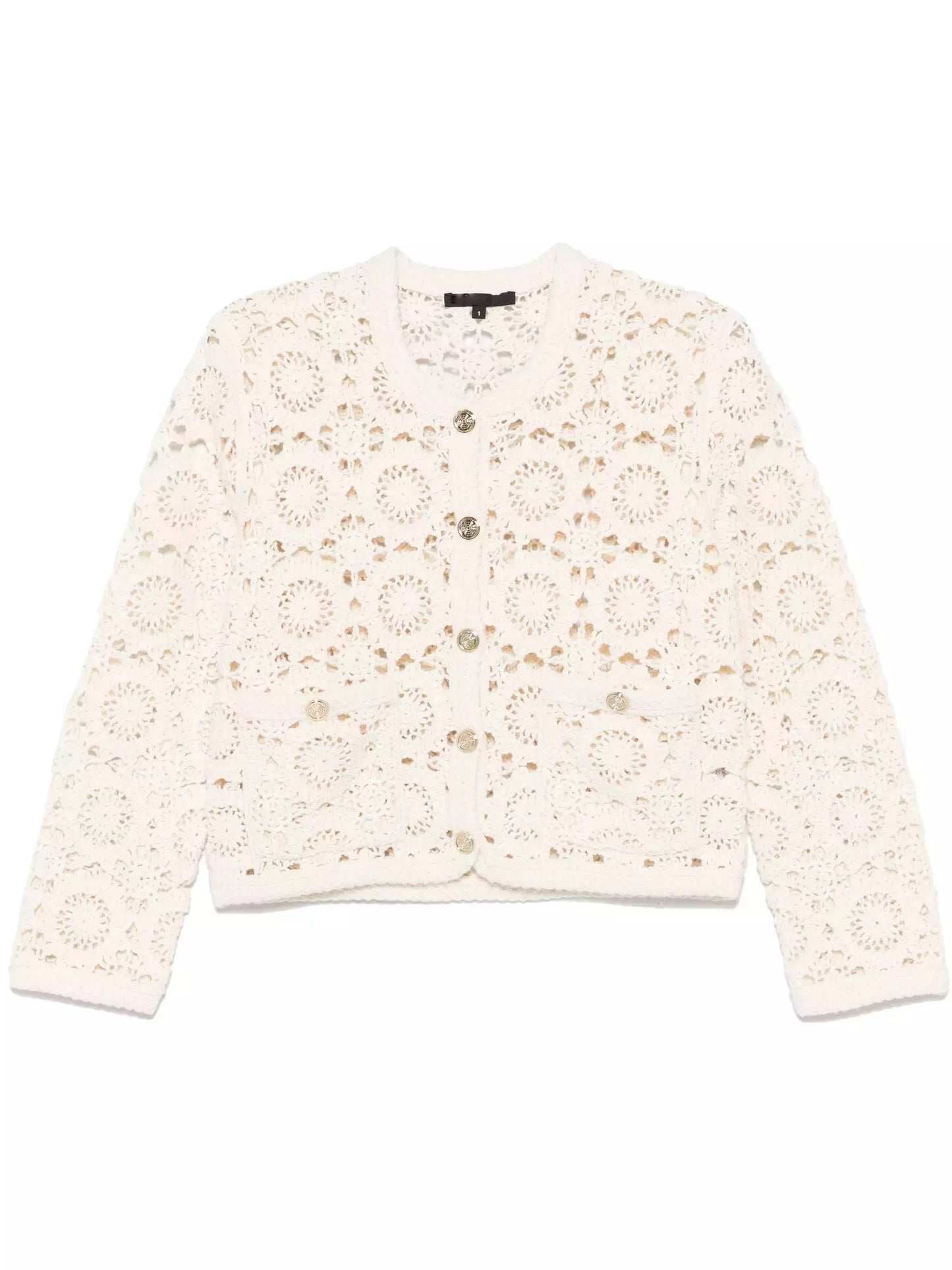 Crochet Cropped Cardigan with Gold Buttons showcasing stylish button-up design