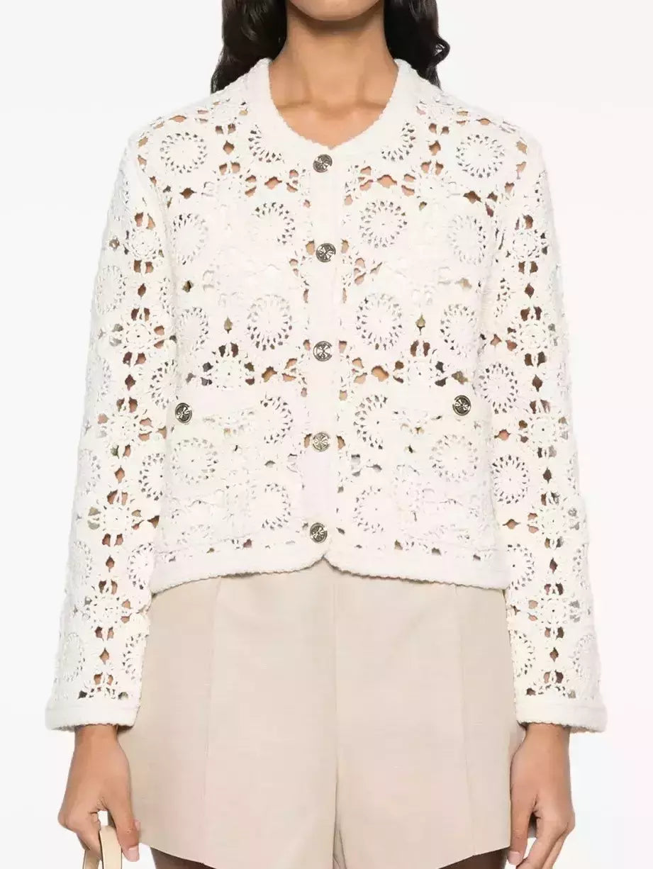 Crochet Cropped Cardigan with Gold Buttons showcasing a stylish button-down design