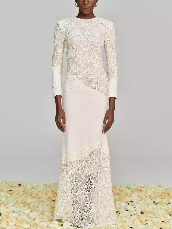 Crochet Embroidery Sequined Maxi Dress in Ivory - Dresses
